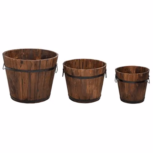 vidaXL 3 Piece Brown Wooden Bucket Planter Set made of Solid Fir Wood and Metal