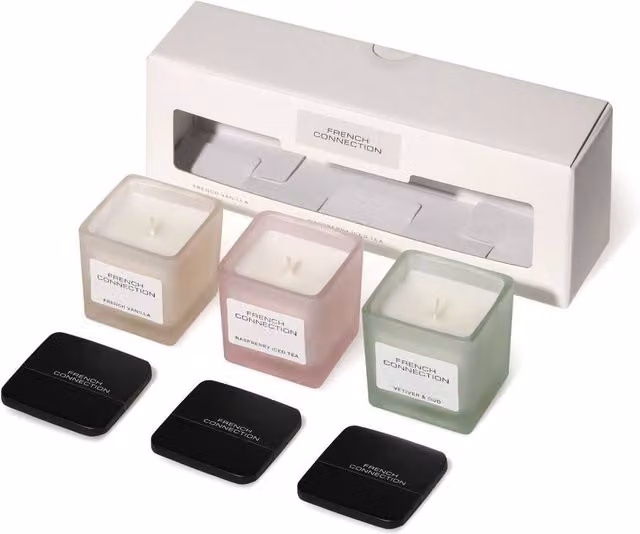 French Connection Square Glass Candle Trio Gift Set with Vanilla, Raspberry Tea and Vetiver Oud Scents