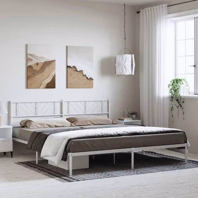 Berkfield Home Metal Bed Frame with Headboard, White, W: 193 cm, D: 198 cm, H: 90 cm – 1