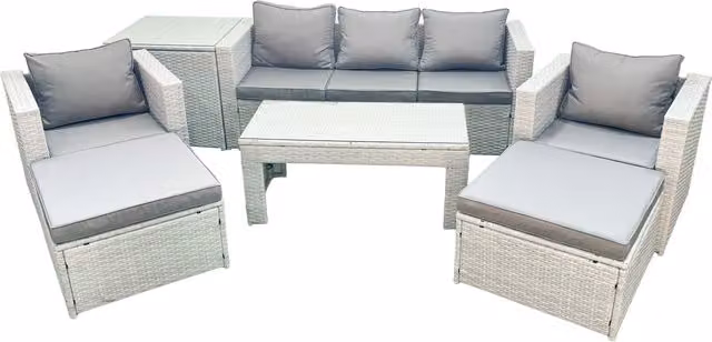 Fimous 7 Seater Rattan Garden Furniture Set in Light Grey with 2 Seater Sofa, 2 Armchairs, Coffee Table and 2 Ottomans