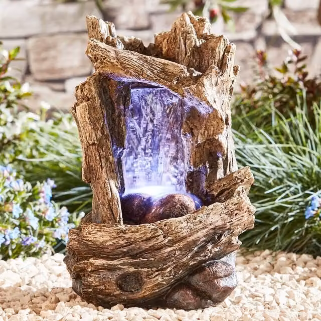 Serenity Rustic Tree Trunk Tabletop Waterfall Water Feature with LED Lighting, Brown