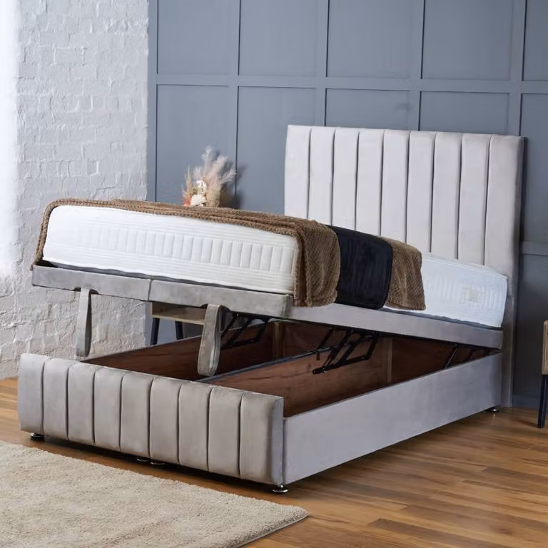 BSSPOKE Sierra Ottoman Divan Bed with 54 inch Headboard and Mattress in Pink Plush Velvet, W/D/H: 180 x 200 cm
