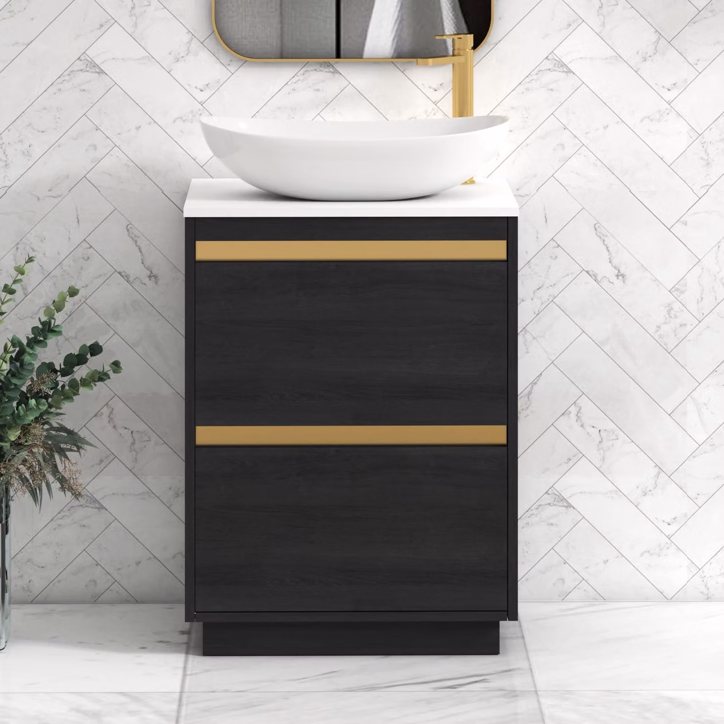 Royal Bathrooms Orion 600mm Hale Floor Standing Vanity Unit with Cesar Basin and Brushed Brass Trim in Black and White