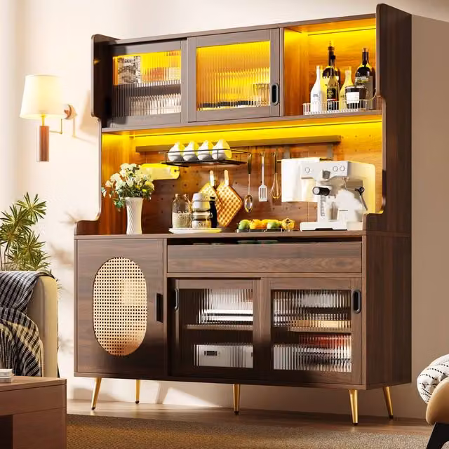 Merax Large Kitchen Pantry Cabinet with Coffee Station, LED Light and Pegboard in Brown, W/D/H: 145 x 39 x 171 cm