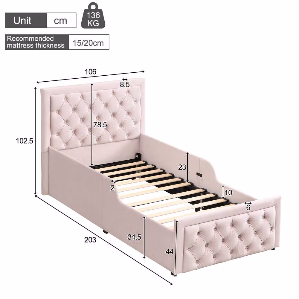 BTM Single Upholstered Hydraulic Storage Bed Frame with Velvet Headboard in Pink, W/D/H: 90 x 190 cm – 3
