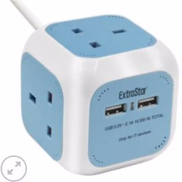 ExtraStar Power Cube 4-Way Socket with 2 x USB Chargers, 1.5m Cable, Light Blue