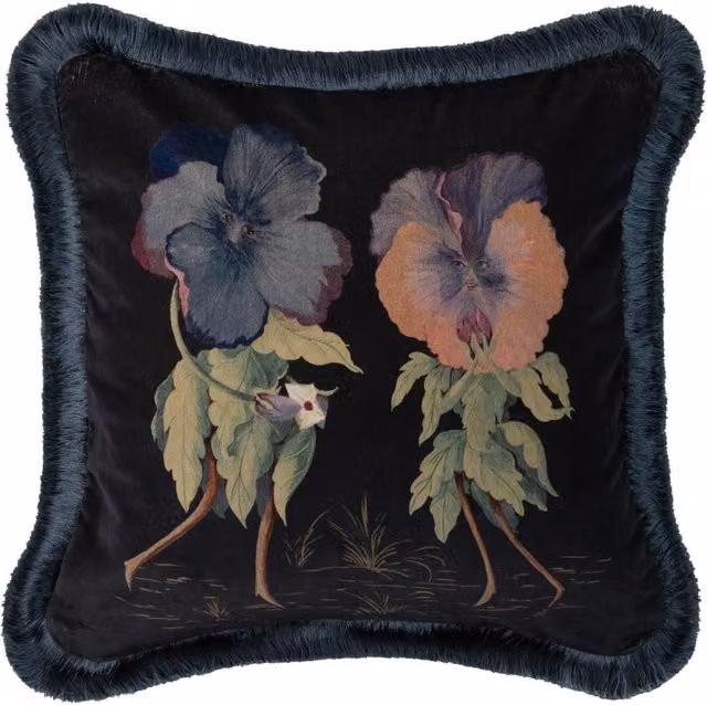 House of Hackney Love Letter Medium Fringe Velvet Cushion in Black, W/D/H: 45 x 45 x 45 cm