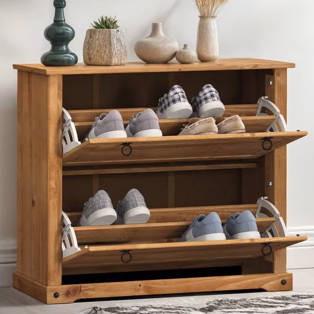 Mercers Furniture Corona 2 Shelf Pine Wood Shoe Rack Chest in Antique Wax Brown