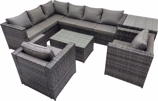Fimous Modern Rattan Garden Furniture Set in Grey with 3-Seater Sofa, Armchair, Coffee Table and Cushions