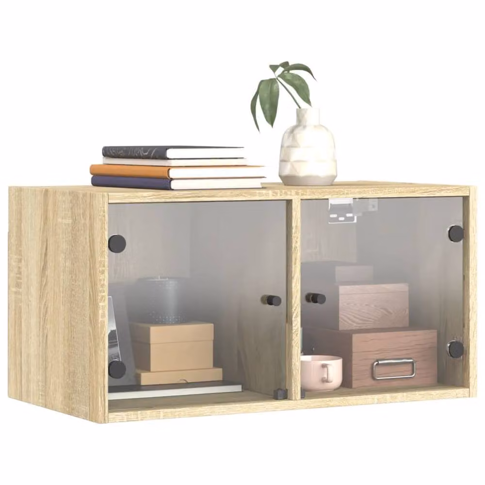Berkfield Home Wall Mounted Cabinets with Glass Doors, 2 Piece, Sonoma Oak, Beige, W/D/H: 68.5 x 37 x 35 cm – 2