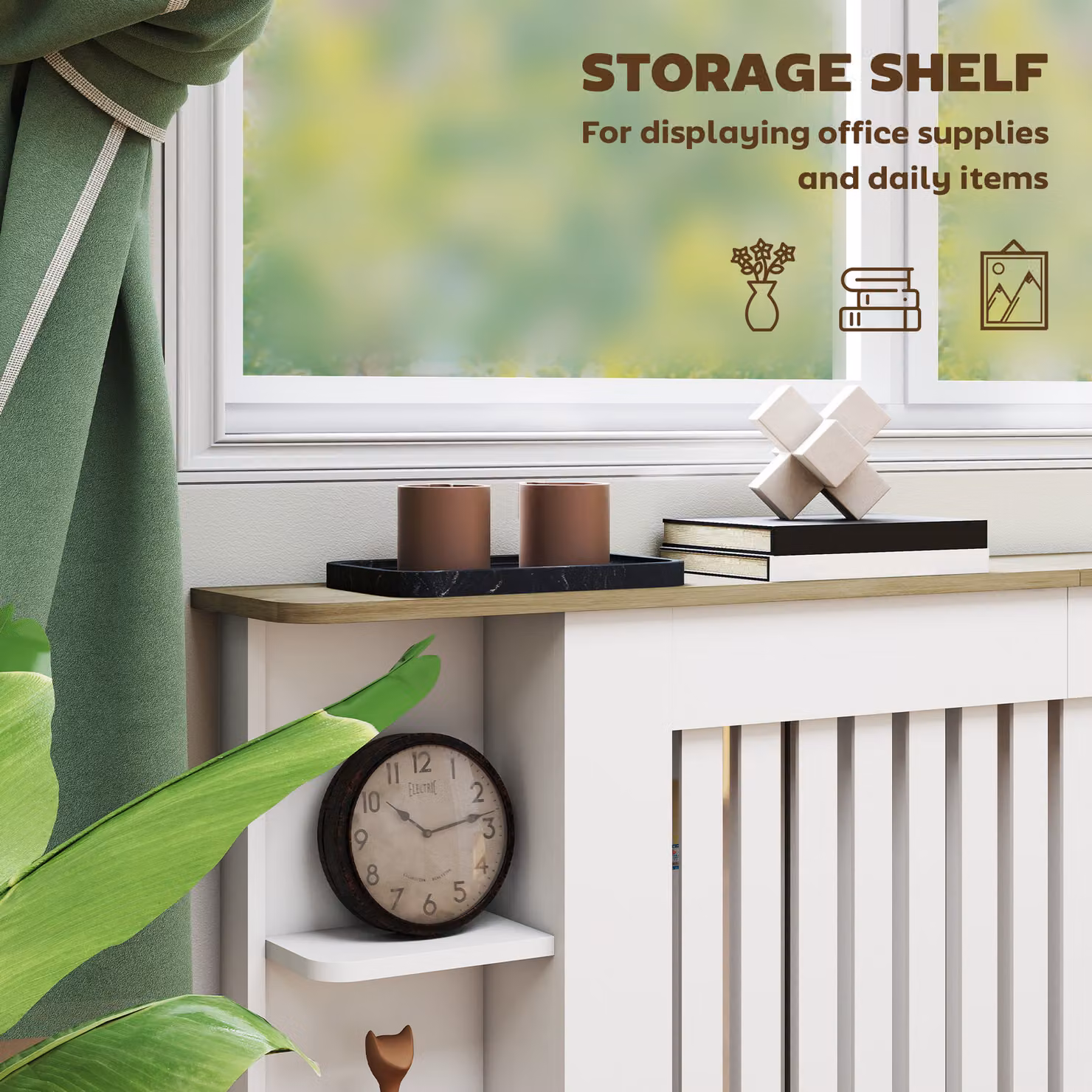 HOMCOM Extra Large Radiator Cover with Open Storage Shelves, Vertical Slatted Cabinet in White, H 83 x W 191 x D 19 cm – 3