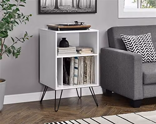 Ameriwood Harmony Mid-Century Turntable Stand in White, H 86.61 x W 52.58 x D 45.72 cm – 2