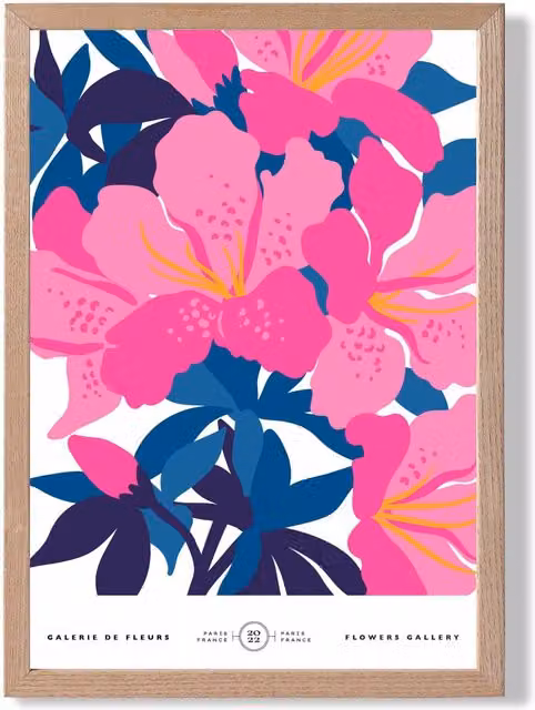 ARTZE Abstract Pink and Blue Orchid Flower Market Gallery Framed Print with Oak Frame in Mid Blue, A3 – 1