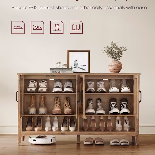 VASAGLE Classic Shoe Cabinet with Doors and Open Shelf, Brown/Orange, W/D/H: 120 x 35 x 70.5 cm