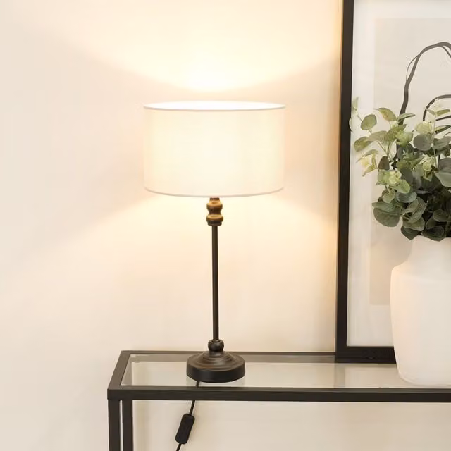 ValueLights Maggie Black Metal Candlestick Table Lamp with White Fabric Drum Shade and LED Bulb