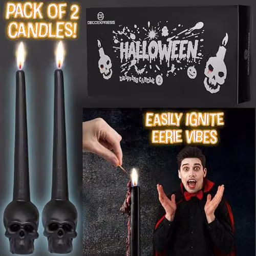 Deco Express Pack of 2 Black Skull-Shaped Tapered Unscented Gothic Candles – 6