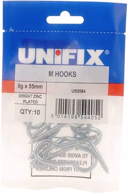 Unifix M Hooks Bzp Silver Steel 12G x 80mm, Box of 20