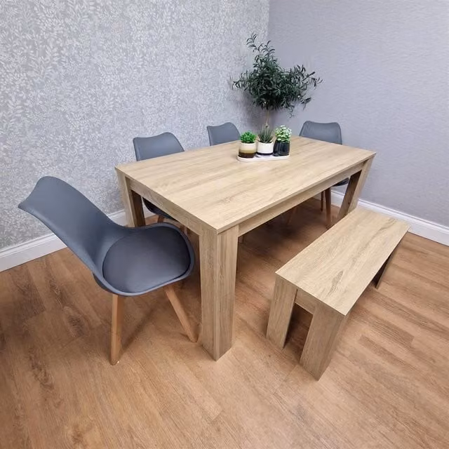 Kosy Koala Dining Table Set with 4 Grey Plastic Chairs and Brown Bench in Oak Effect – 1