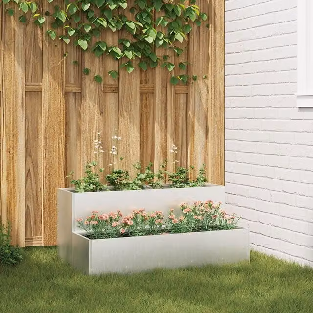 Berkfield Home 2-Tier Stainless Steel Garden Planter in Silver, W: 100 cm, D: 60 cm, H: 45 cm