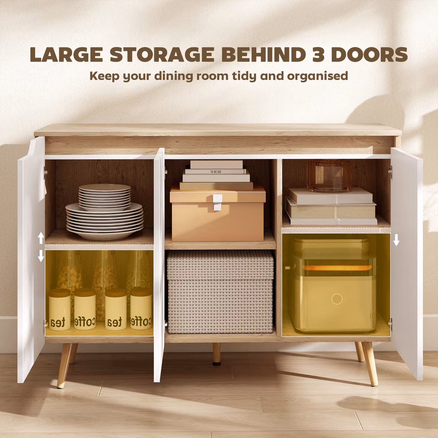 HOMCOM Sideboard Storage Cabinet in White and Oak with 3 Doors, 2 Adjustable Shelves and 5 Rubberwood Legs – 2
