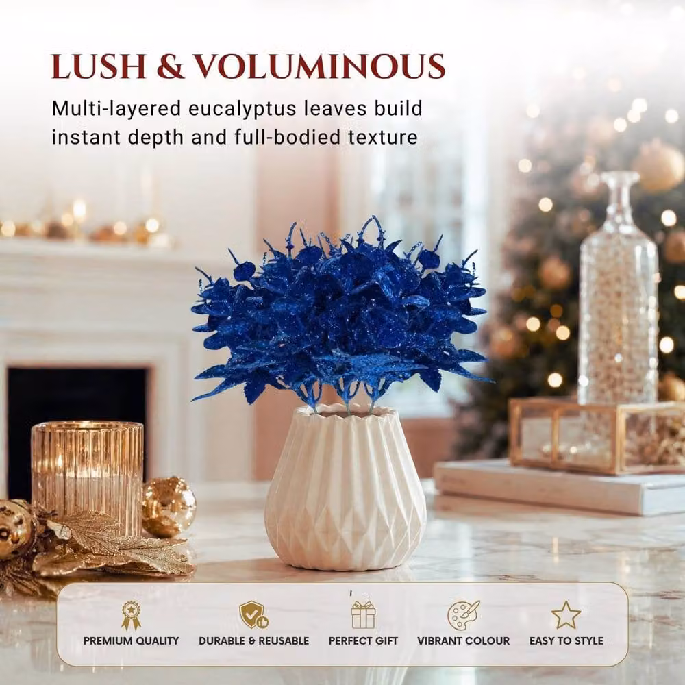 Shatchi 12 Pack Dark Blue Glitter Eucalyptus and Maple Leaf Floral Picks, Height: 17 cm – 5