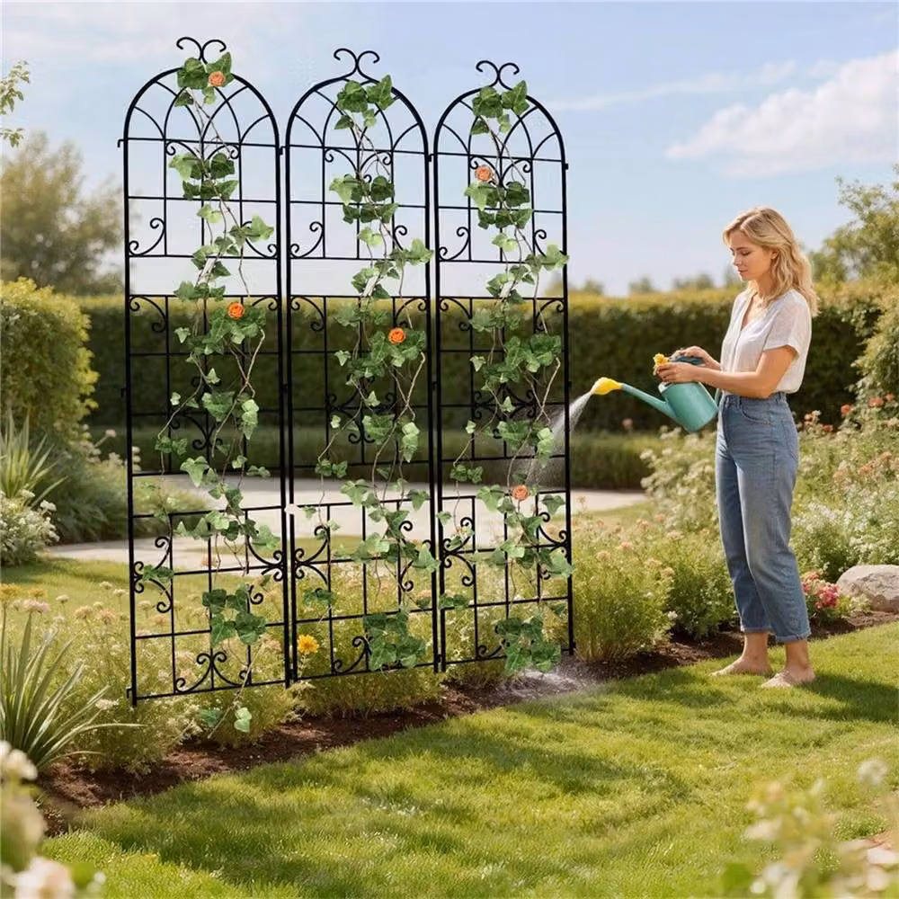NESTLUNE Set of 3 Black Metal Garden Trellis Supports for Climbing Plants and Flowers, H: 100 cm, W: 15 cm, D: 15 cm – 2