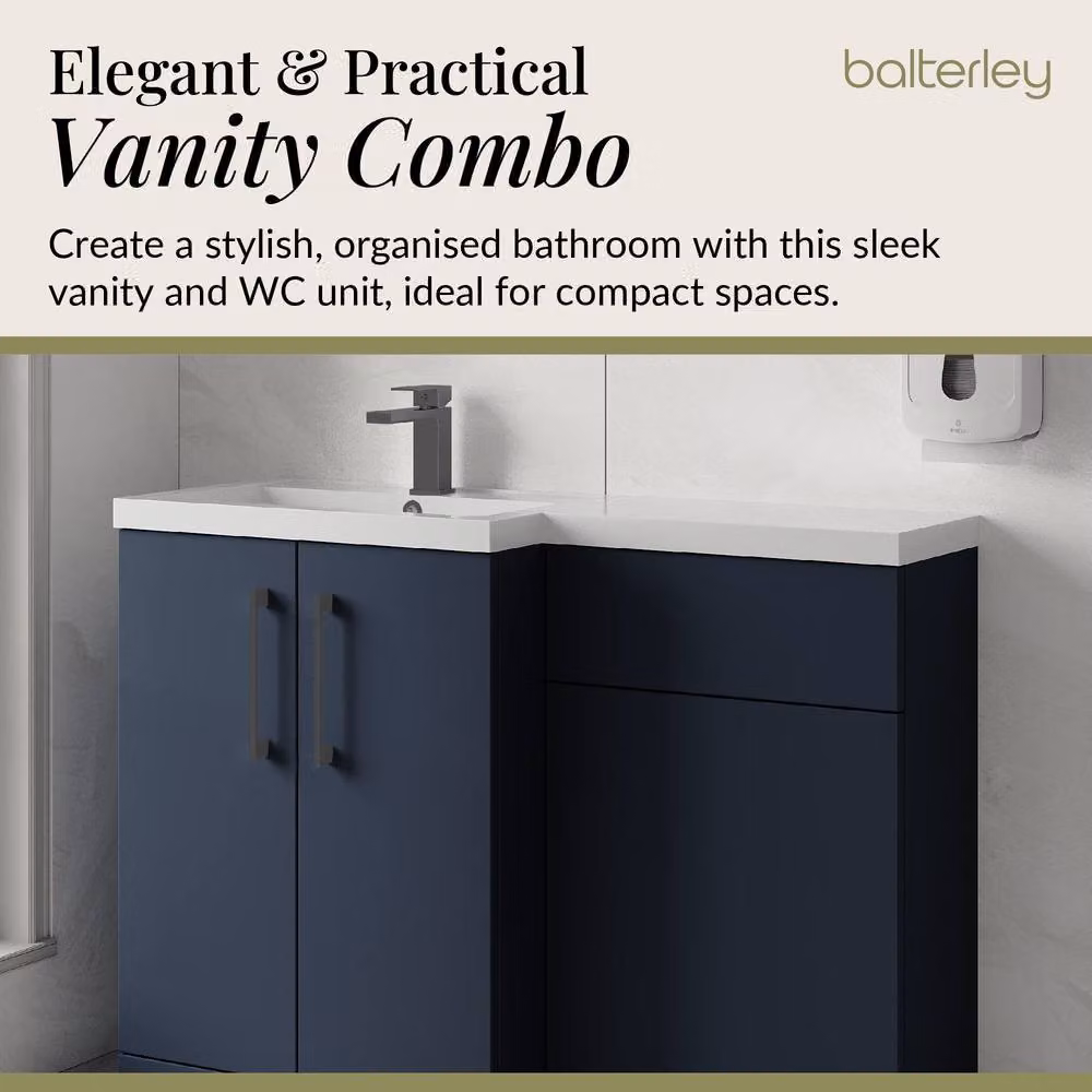 Balterley Modern Blue Matt Left-Hand Vanity and WC Unit Combination with Brushed Pewter Hardware, W/H: 110 x 84 cm – 3