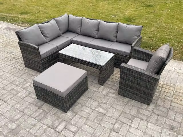 Fimous Rattan Garden Furniture Set in Dark Grey with High Back Corner Sofa, Oblong Coffee Table, Armchair and Ottoman