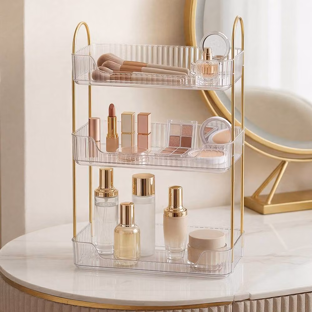 Levede 3-Tier Modern Minimalist Makeup Organiser and Cosmetic Storage Rack in Transparent and Gold – 2