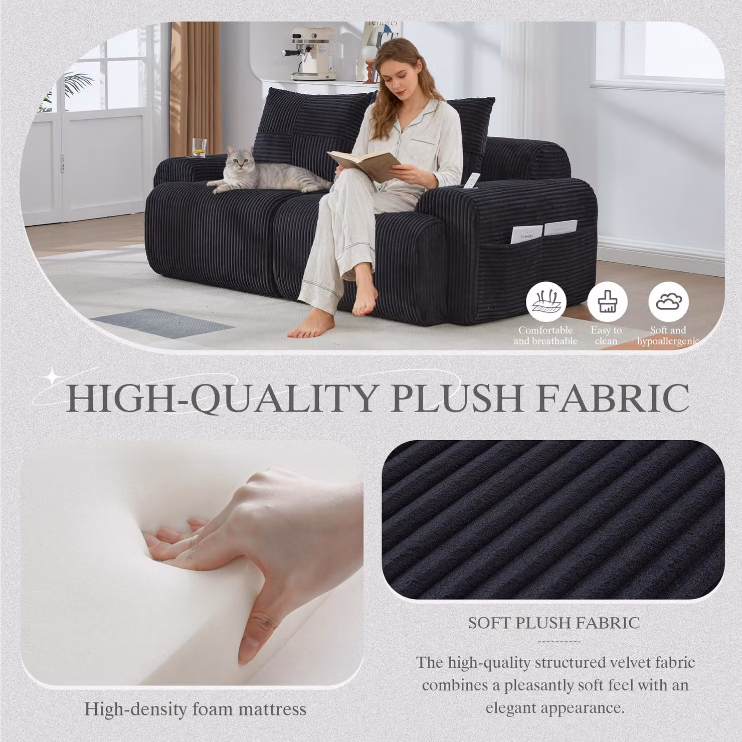 Aosom UK Modular 2-Seater Ribbed Corduroy Sofa in Black with Cup Holder and Side Storage Pocket, W/D/H: 200 x 99 x 80 cm – 4