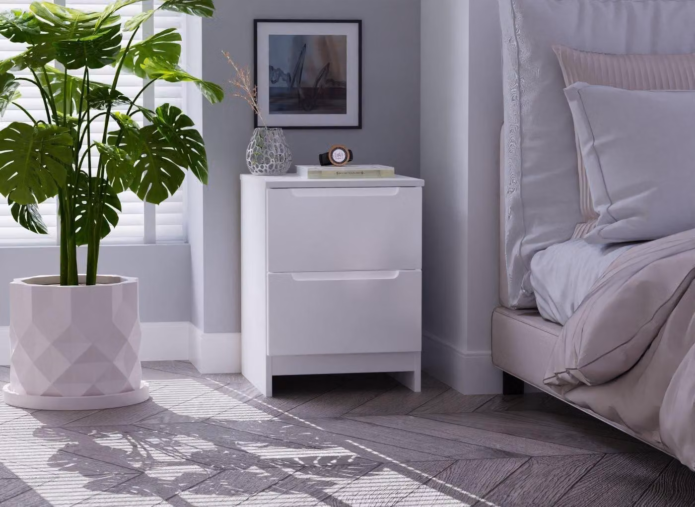 Houston Modern White Glossy Bedside Table with Soft Close Drawers