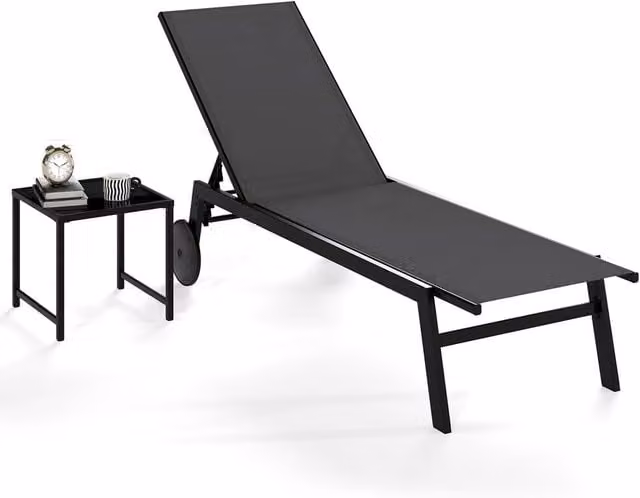 Costway Grey Patio Chaise Lounge Set with Side Table and Adjustable Headrest – 1