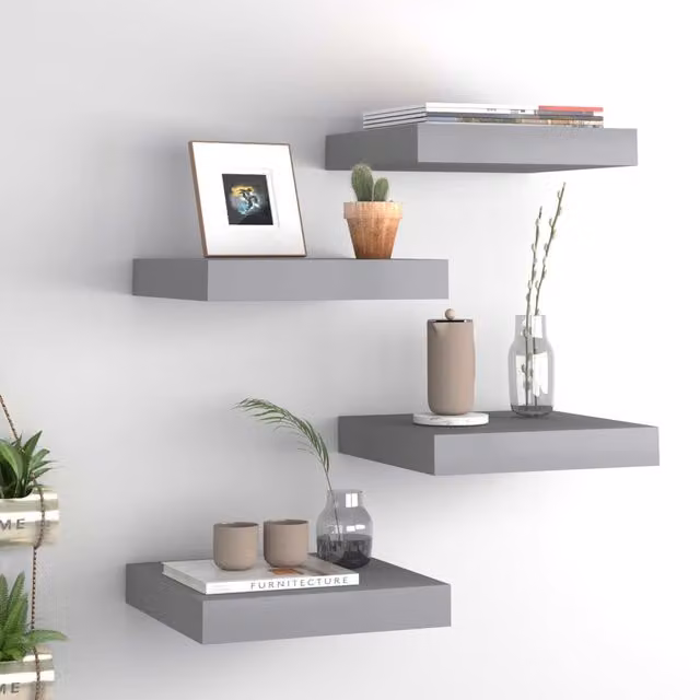 Berkfield Home Floating Wall Shelves, 4 Piece Set, Grey, W/D/H: 23 x 23.5 x 3.8 cm