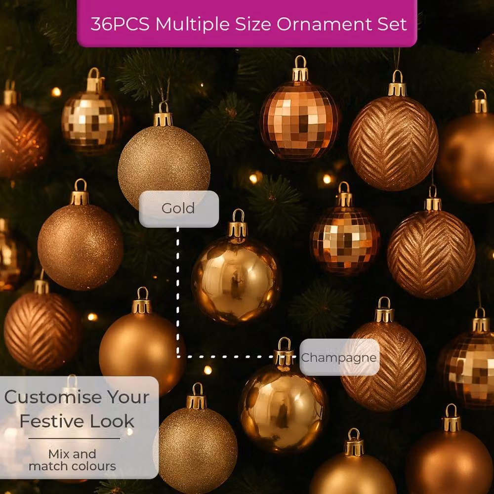 Neo Set of 36 Modern Round Christmas Tree Bauble Ornaments in Beige and Sand – 4