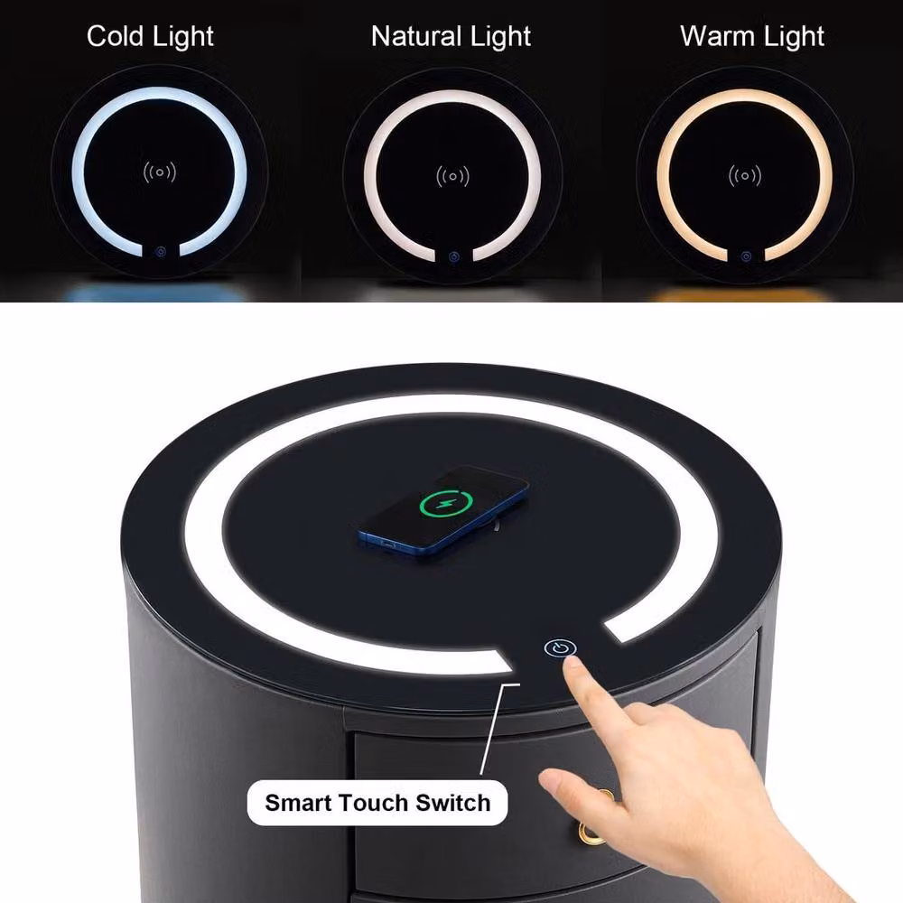 FLAVORA Modern 3 Drawer Bedside Table with LED Lighting and Wireless Charging in Black and Grey – 4