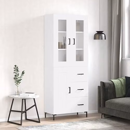 vidaXL Modern White Highboard with Hinged Doors and Internal Shelves, W: 69.5 cm, D: 34 cm, H: 180 cm – 2