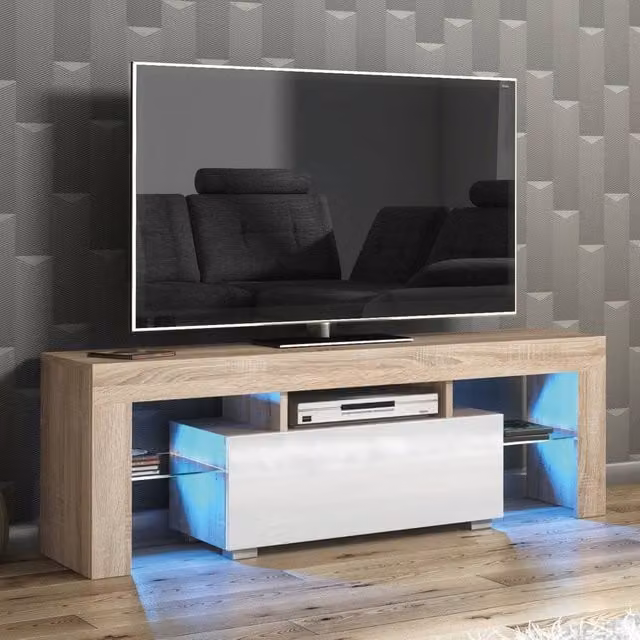 Mex Furniture LTD Floe TV Unit in Oak and White Gloss with LED Lights, W: 130 cm, D: 35 cm, H: 45 cm