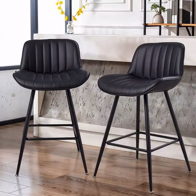 Living and Home Set of 2 Black PU Leather Upholstered Bar Stools with Striped Minimalist Design