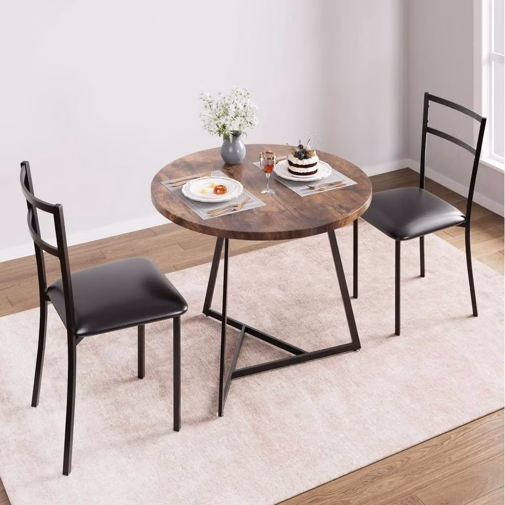 Havendro 3-Piece Round Dining Table and 2 Chairs Set in Brown Industrial Style – 4