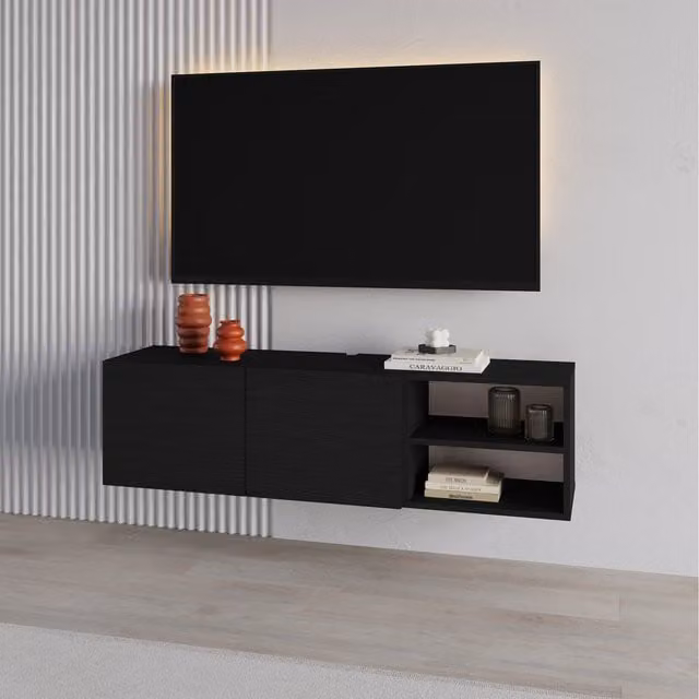 Conrad Decortie Modern Floating TV Stand for 50 Inch TVs in Matt Black Wood