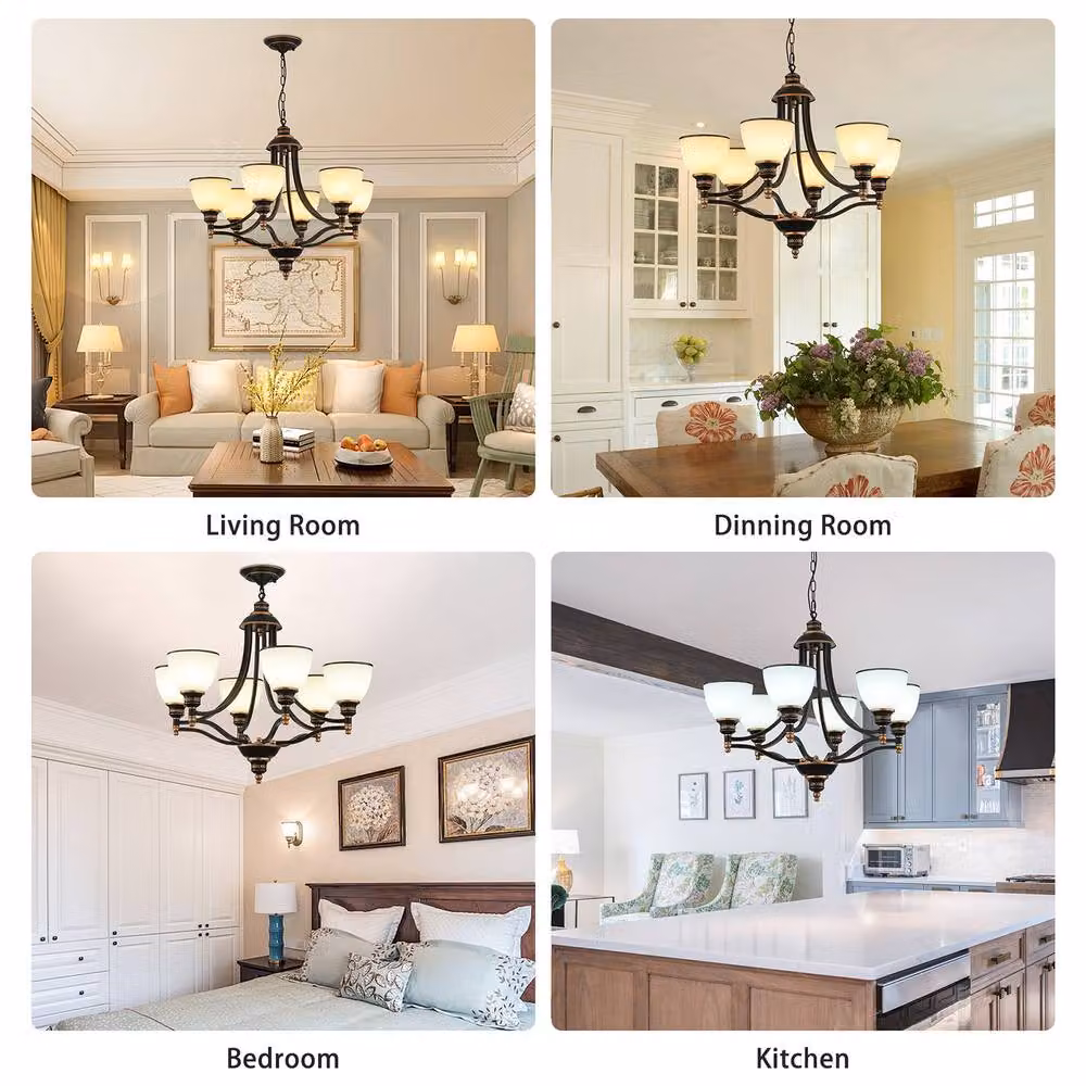 NIVOR Classic 6-Light Bell Pendant Chandelier in Black and Bronze with Gold Frosted Glass and E27 Sockets – 5