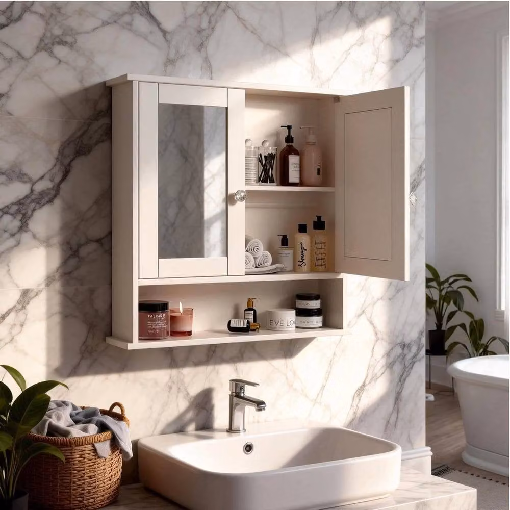 FLAVORA White Wall Mounted Modern Bathroom Mirror Storage Cabinet with Glass Hinged Doors – 2