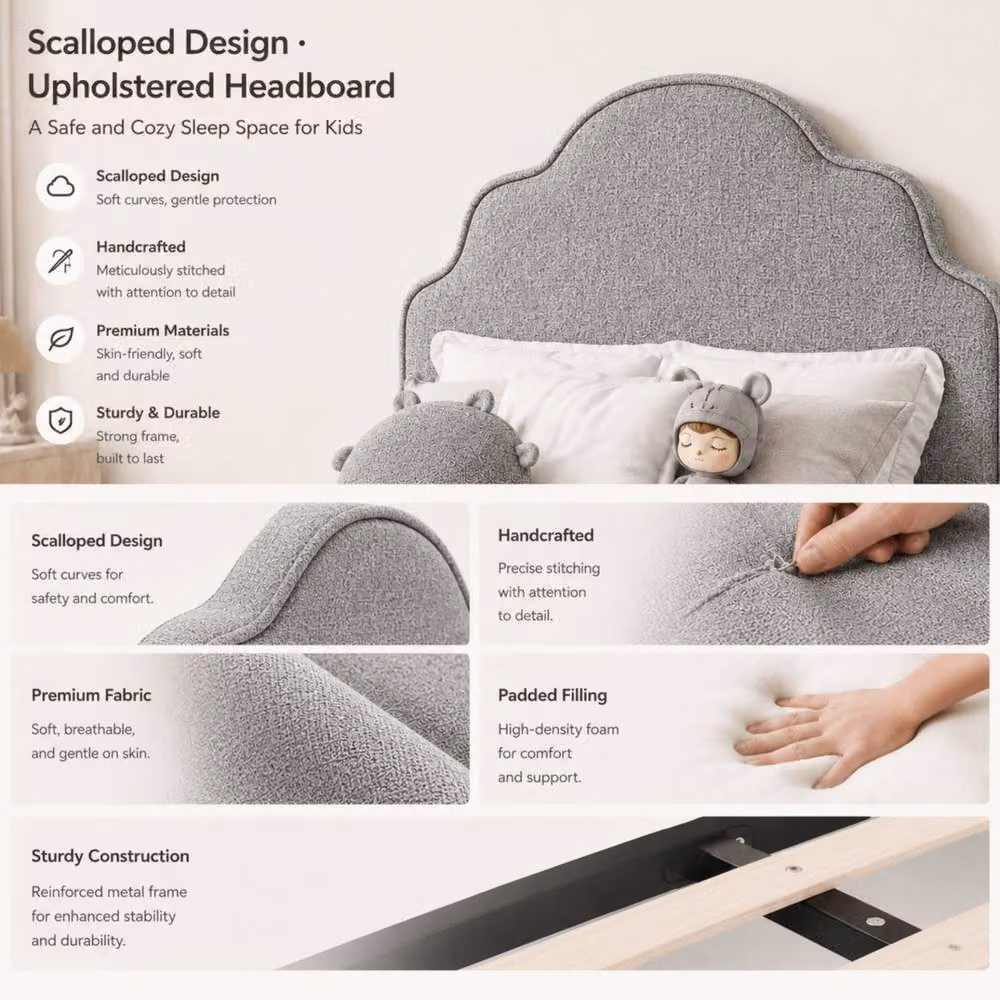 ModernLuxe Kids Single Upholstered Ottoman Bed with Curved Headboard in Grey, W/D/H: 90 x 190 cm – 3