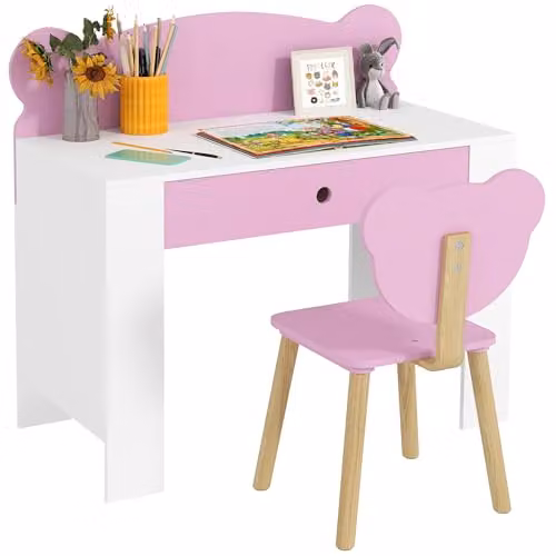 AIYAPLAY Kids Desk and Chair Set in Pink with Bear Theme – 1