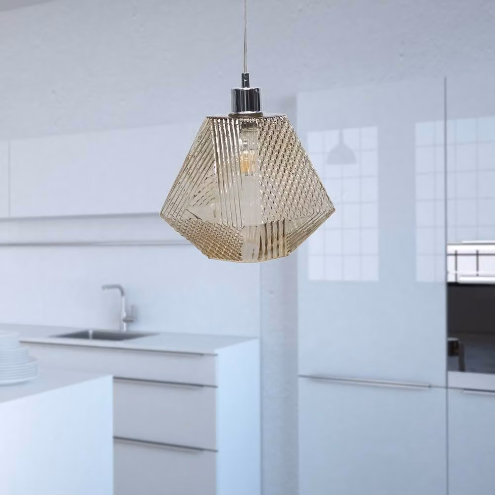 First Choice Lighting Lens Chrome Pendant Light with Champagne Textured Glass, Silver, H 113.0 cm x W 42.0 cm x D 20.0 cm – 2