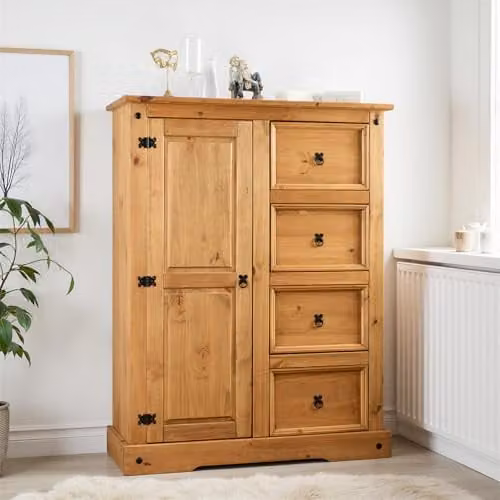 Seconique Corona 1 Door 4 Drawer Low Wardrobe in Brown Waxed Pine – 1