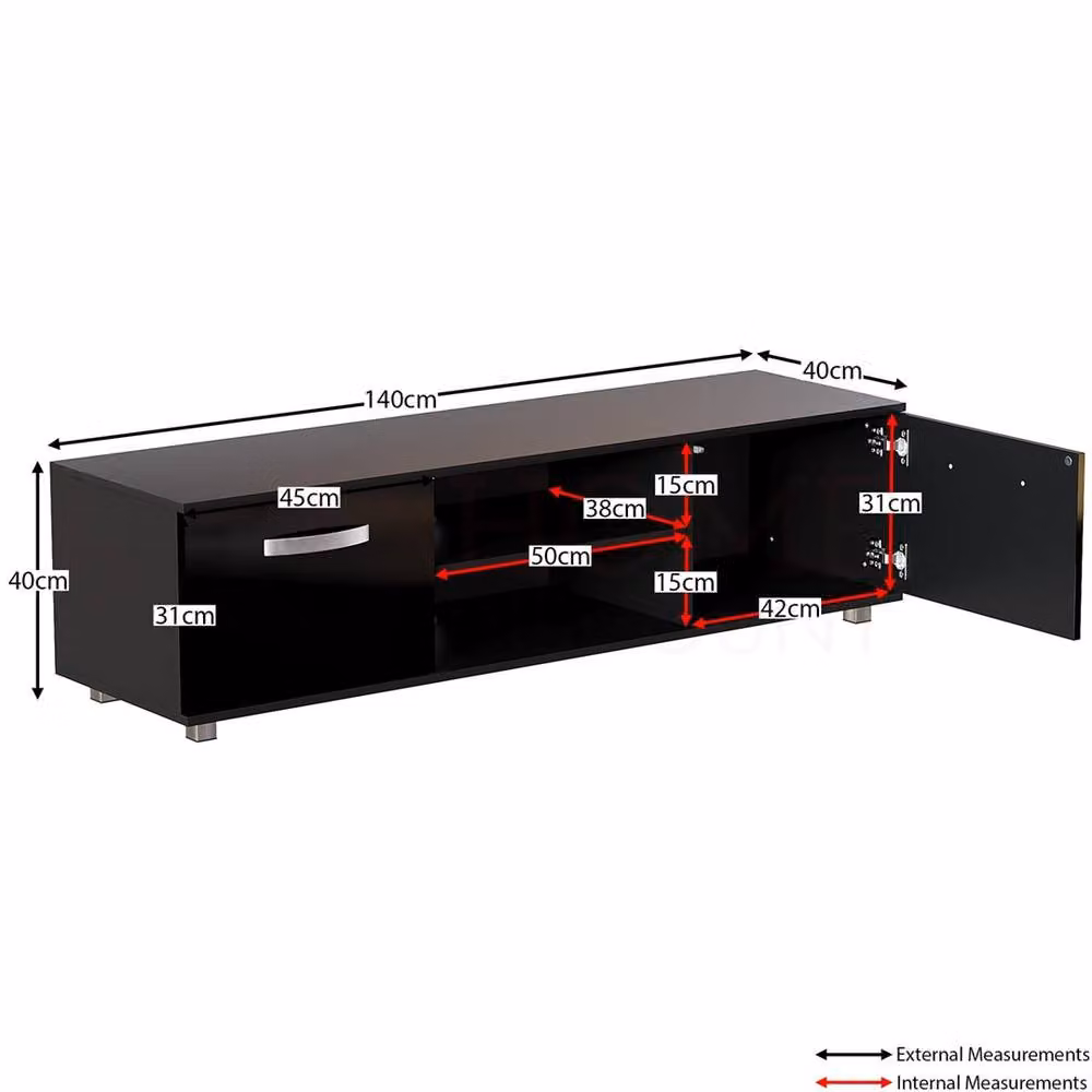 FORGEVIO Cosmo Modern Black Glossy TV Unit Cabinet Stand with Integrated LED Lighting, Width: 140 cm – 2