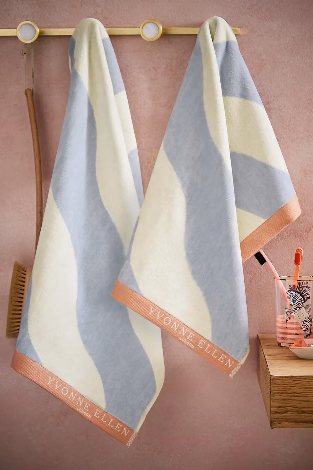 Yvonne Ellen Signature Stripe Cotton Terry Velour Hand Towel in Blue and Pink – 2