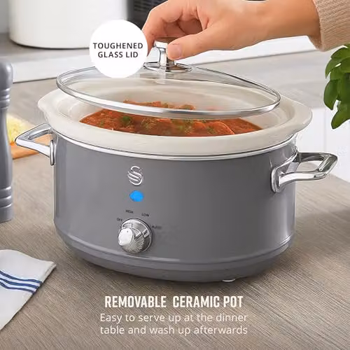 Swan Retro Slow Cooker with Keep Warm Function and Dishwasher Safe Parts, 3.5L, 200W, Grey – 6