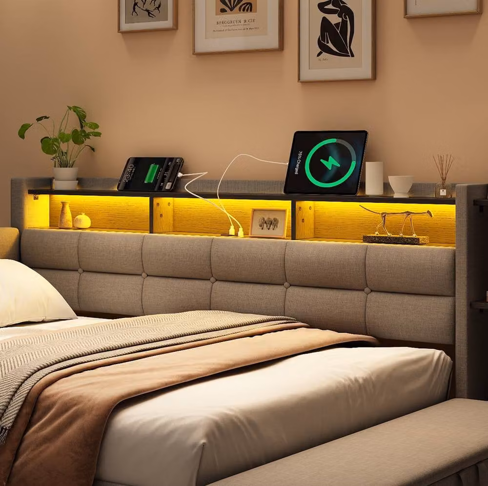 STILVORA Double Upholstered Bed in Grey with LED Lighting, USB Charging Ports and Storage Drawers, W/D/H: 140 x 200 cm – 5